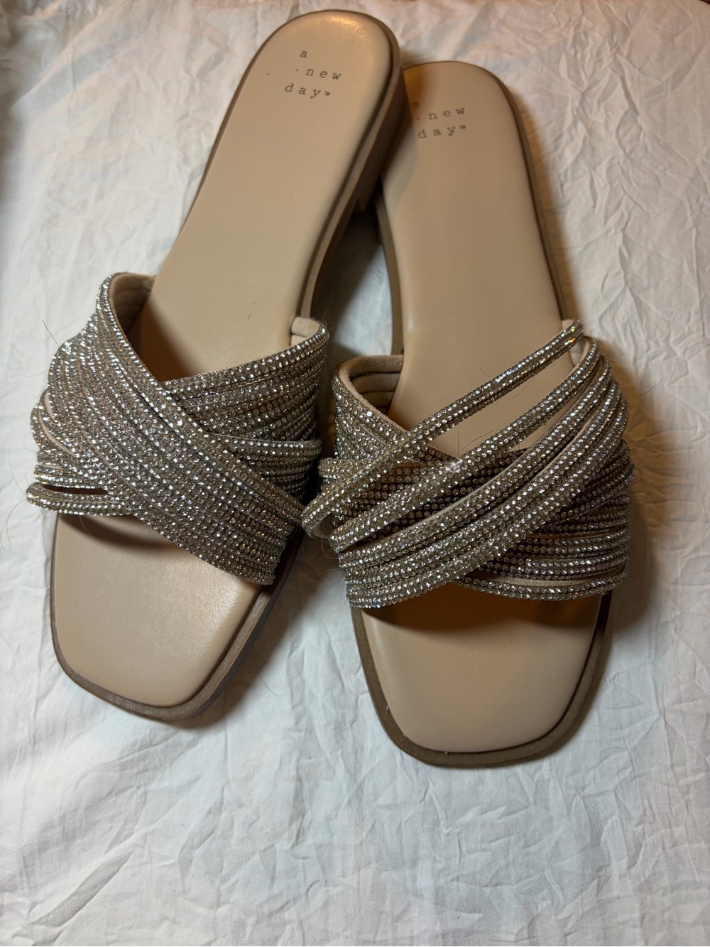 a new day Beige Rhinestone Cross-Strap Slide Sandals